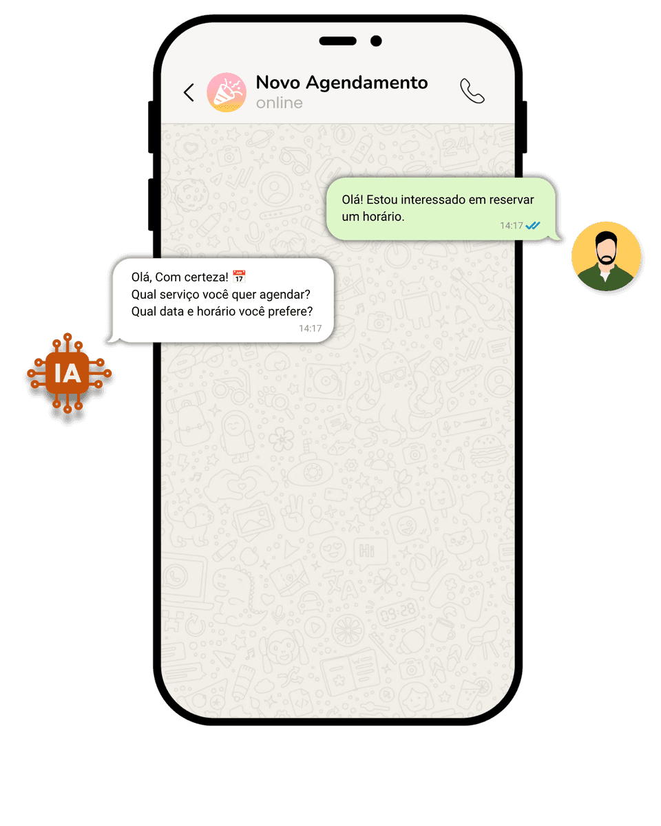 Conversa no WhatsApp: alguém pede pra reservar um horário e a inteligência artificial responde na hora, perguntando qual serviço, qual data e qual horário.